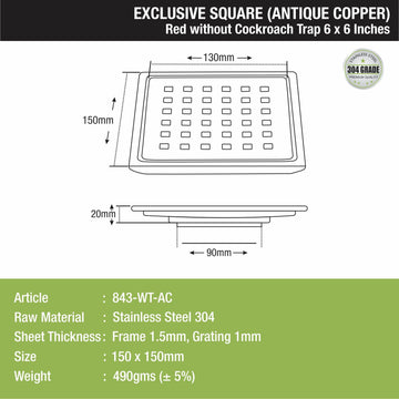 Red Exclusive Square Floor Drain in Antique Copper PVD Coating (6 x 6 Inches) - LIPKA - Lipka Home