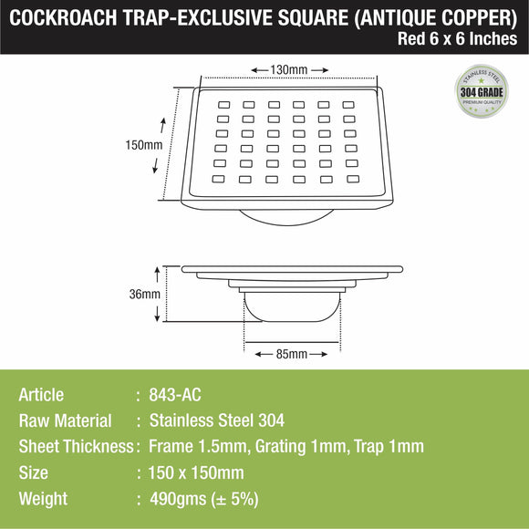 Red Exclusive Square Floor Drain in Antique Copper PVD Coating (6 x 6 Inches) with Cockroach Trap - LIPKA - Lipka Home