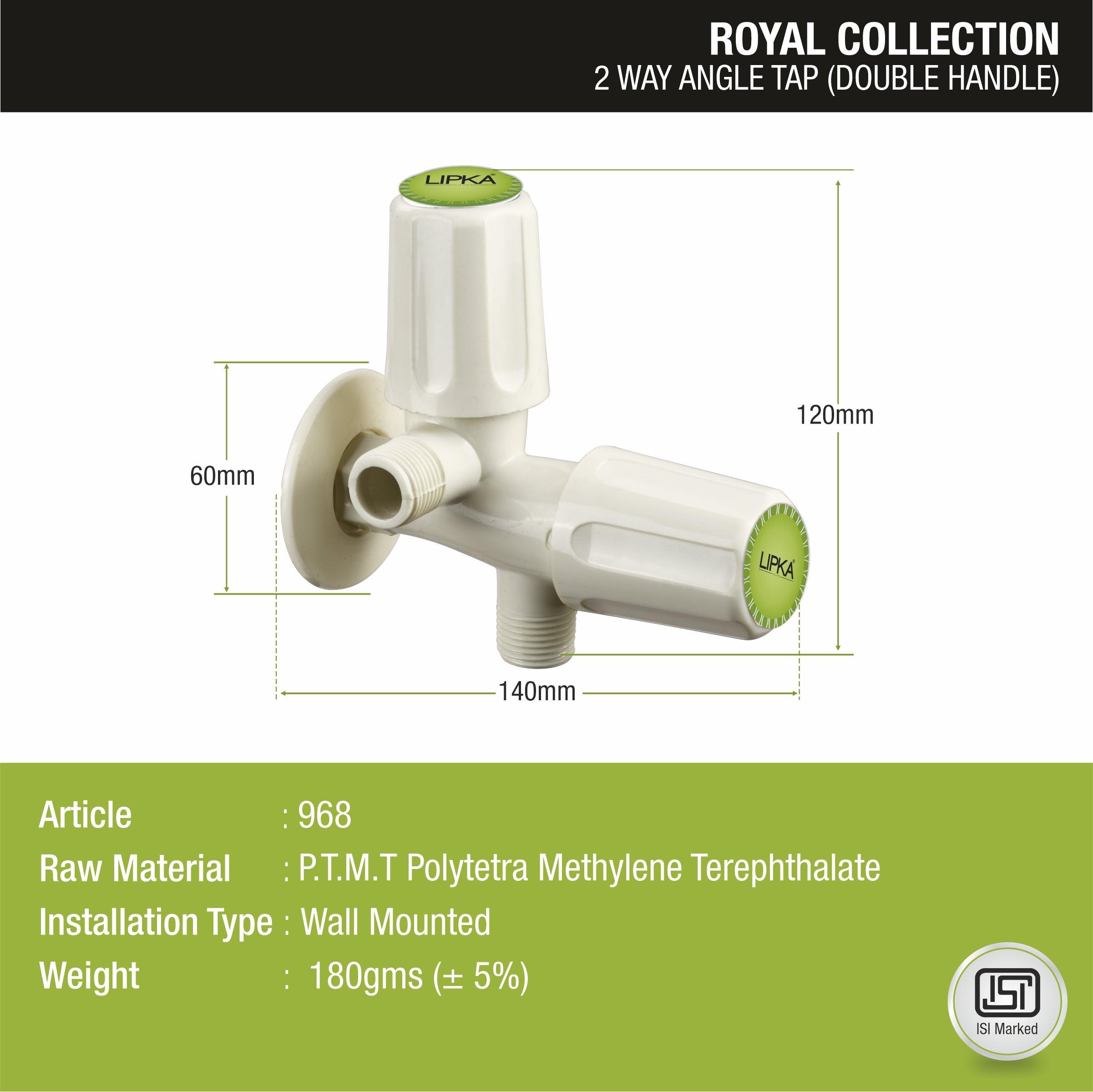 Royal Two Way Angle Valve PTMT Faucet (Double Handle) sizes and dimensions