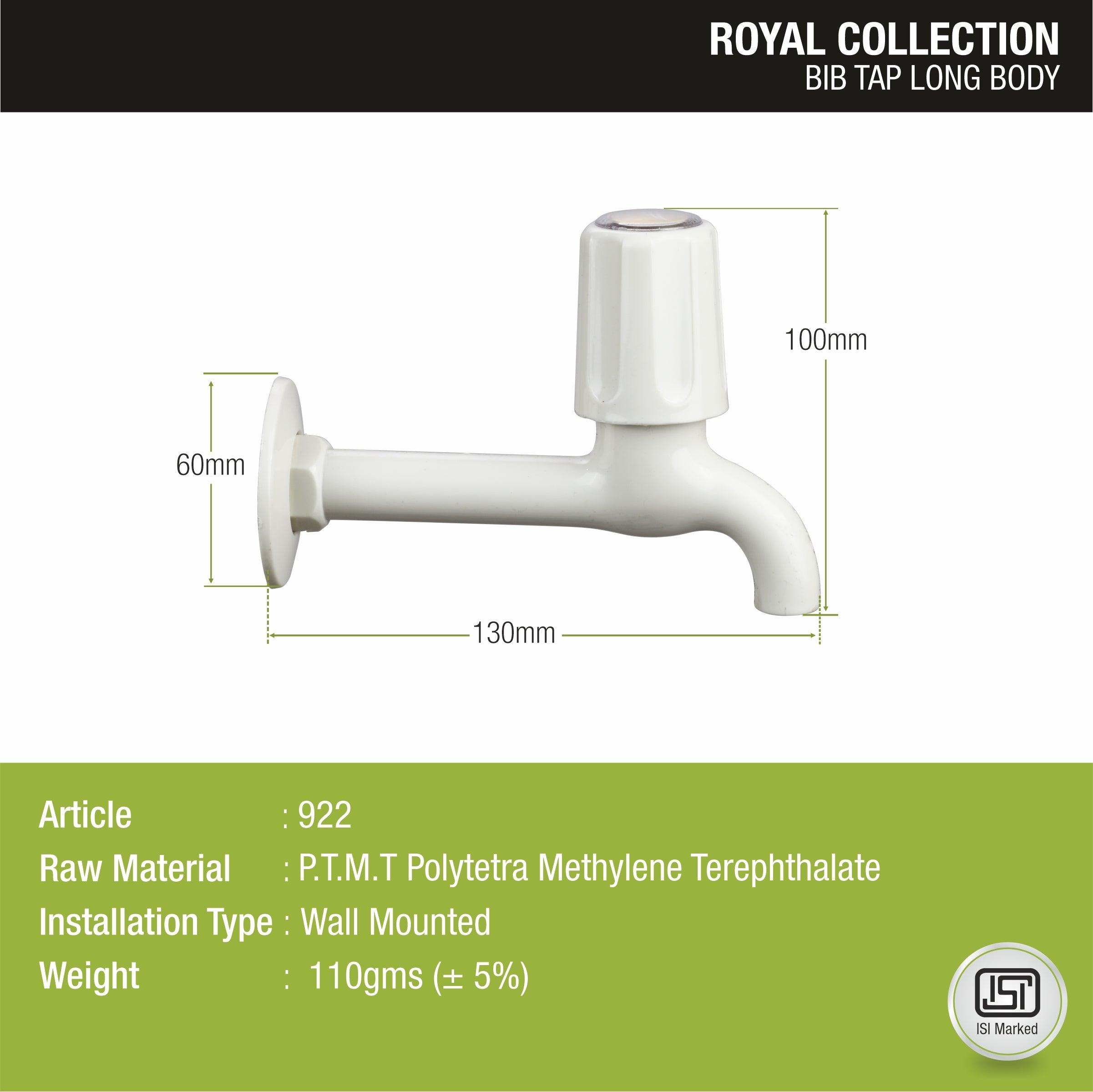 Royal Bib Tap Long Body PTMT Faucet sizes and dimensions