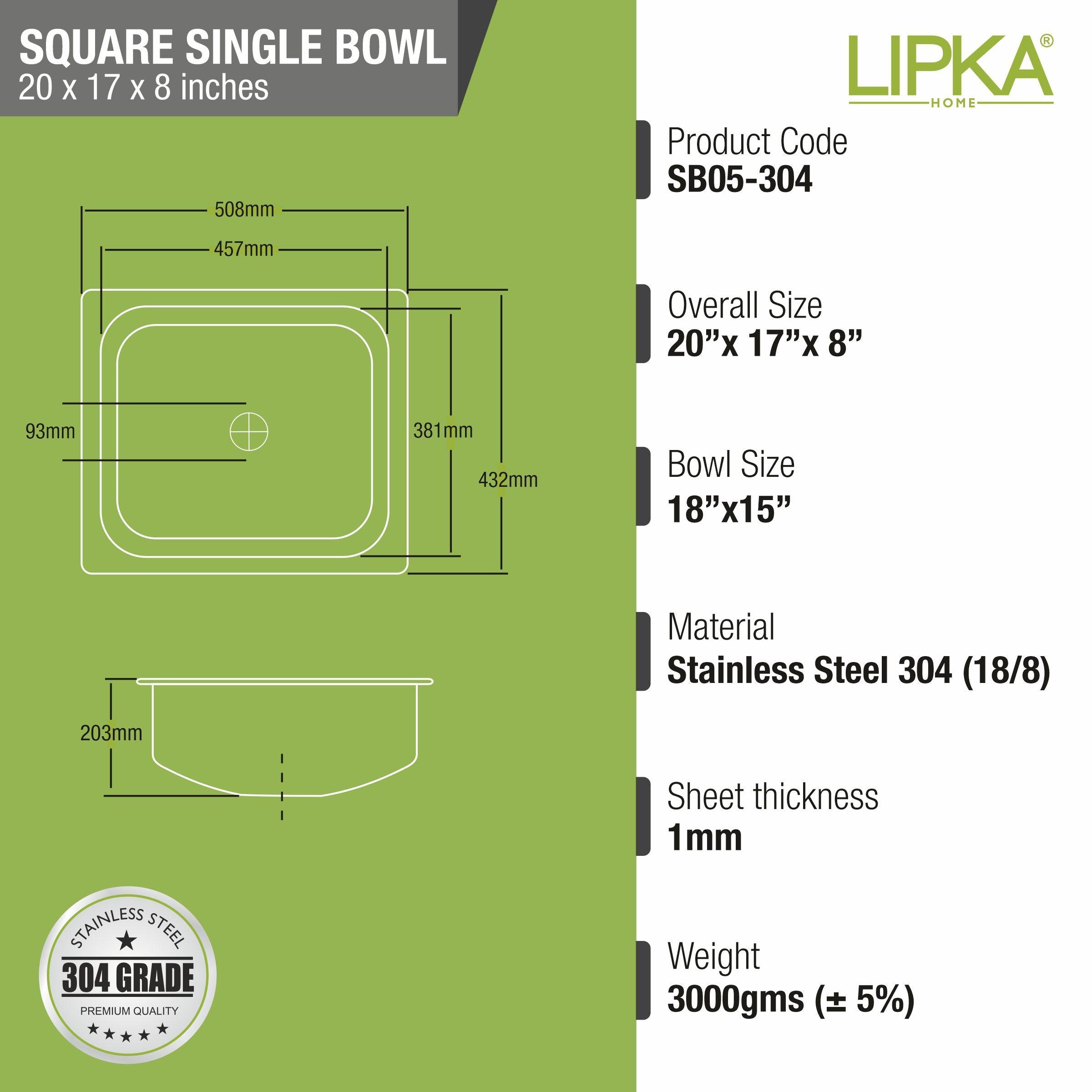 Square Single Bowl 304-Grade Kitchen Sink (20 x 17 x 8 Inches) - LIPKA