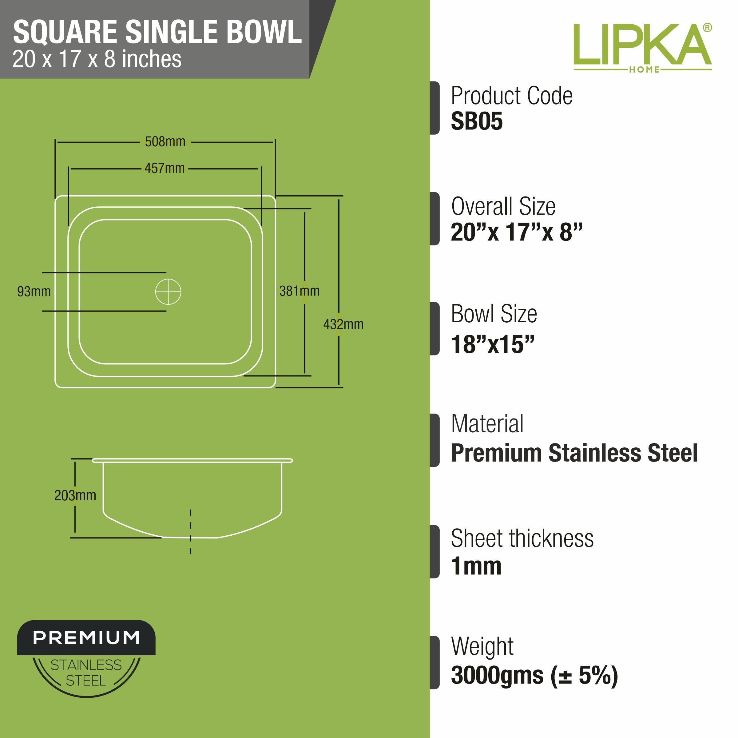Square Single Bowl Kitchen Sink (20 x 17 x 8 Inches) - LIPKA