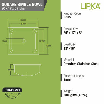 Square Single Bowl Kitchen Sink (20 x 17 x 8 Inches) - LIPKA - Lipka Home