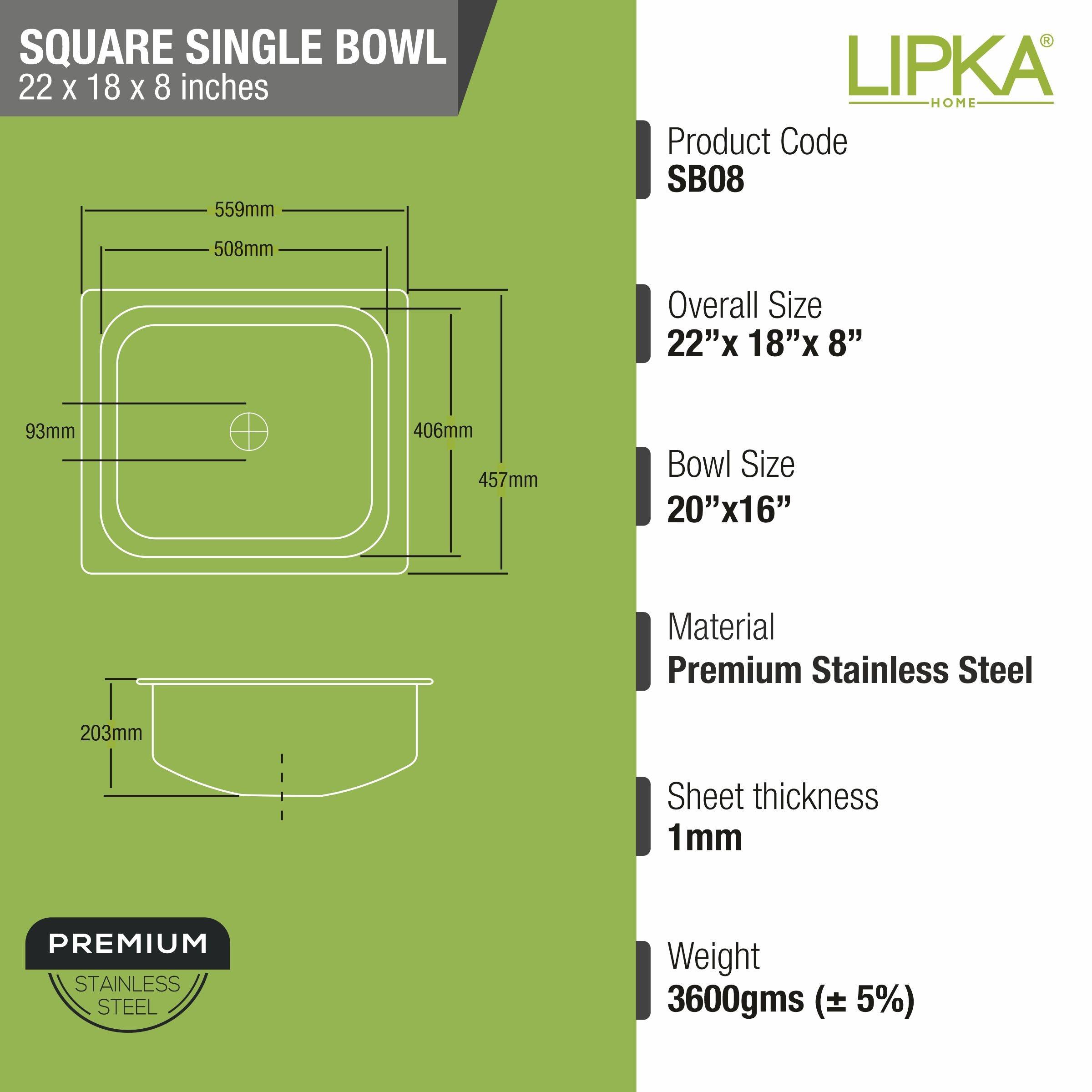 Square Single Bowl Kitchen Sink (22 x 18 x 8 Inches) - LIPKA