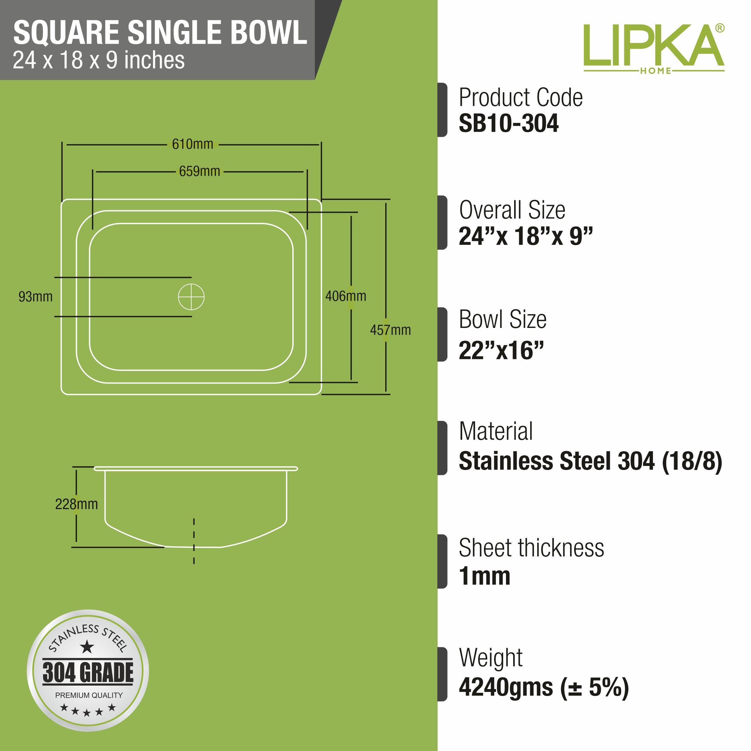 Square Single Bowl 304-Grade Kitchen Sink (24 x 18 x 9 Inches) - LIPKA - Lipka Home