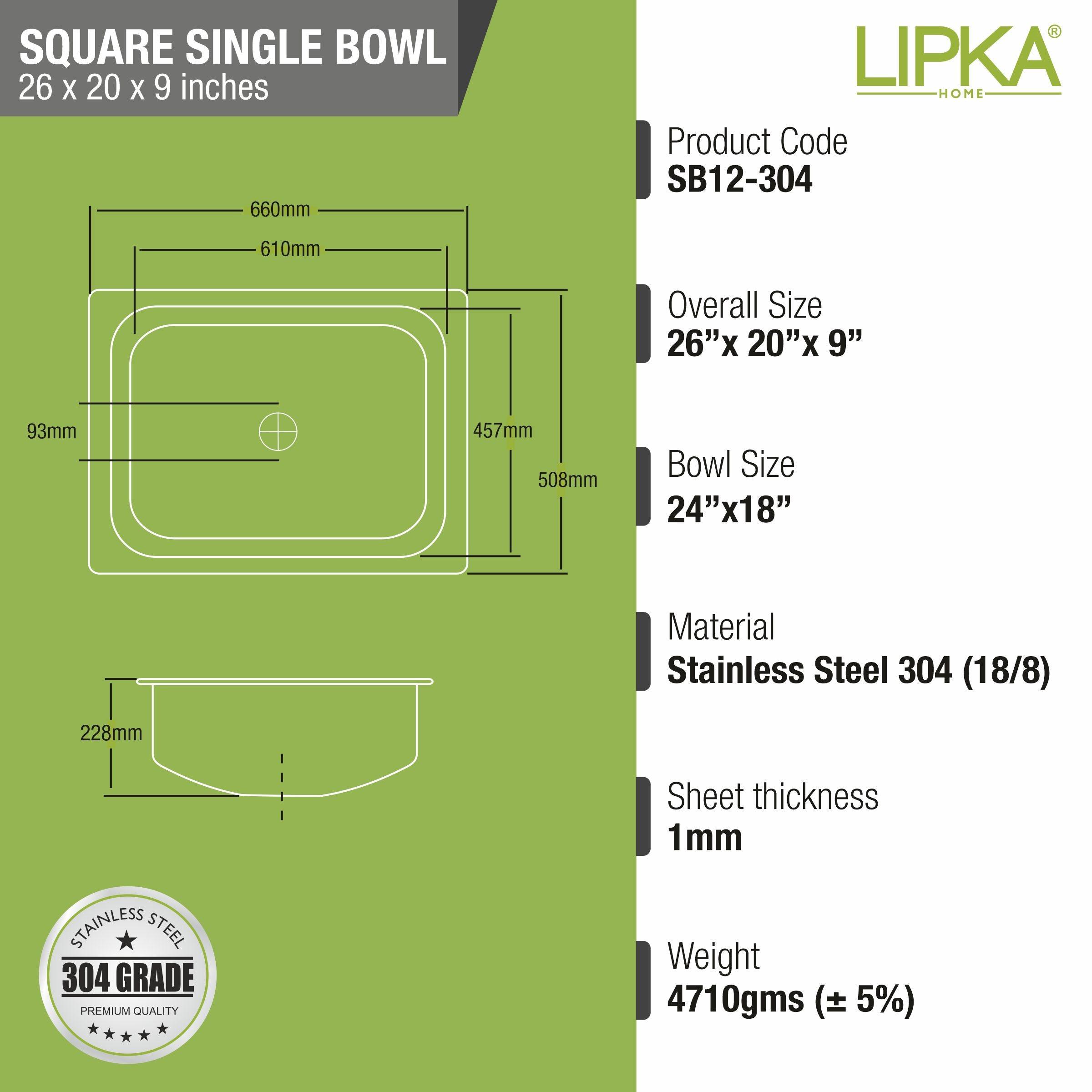 Square Single Bowl 304-Grade Kitchen Sink (26 x 20 x 9 Inches) - LIPKA - Lipka Home