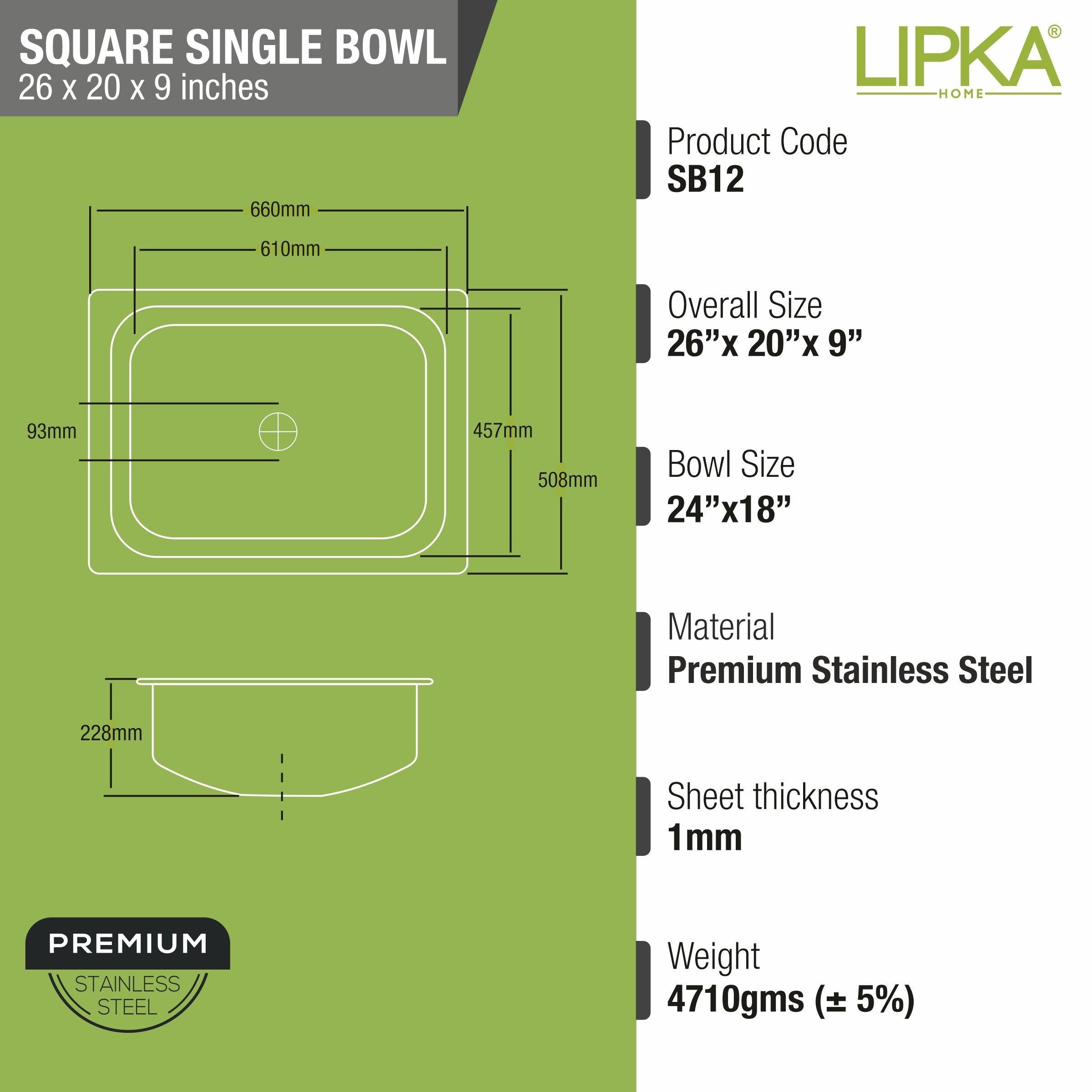 Square Single Bowl Kitchen Sink (26 x 20 x 9 Inches) - LIPKA