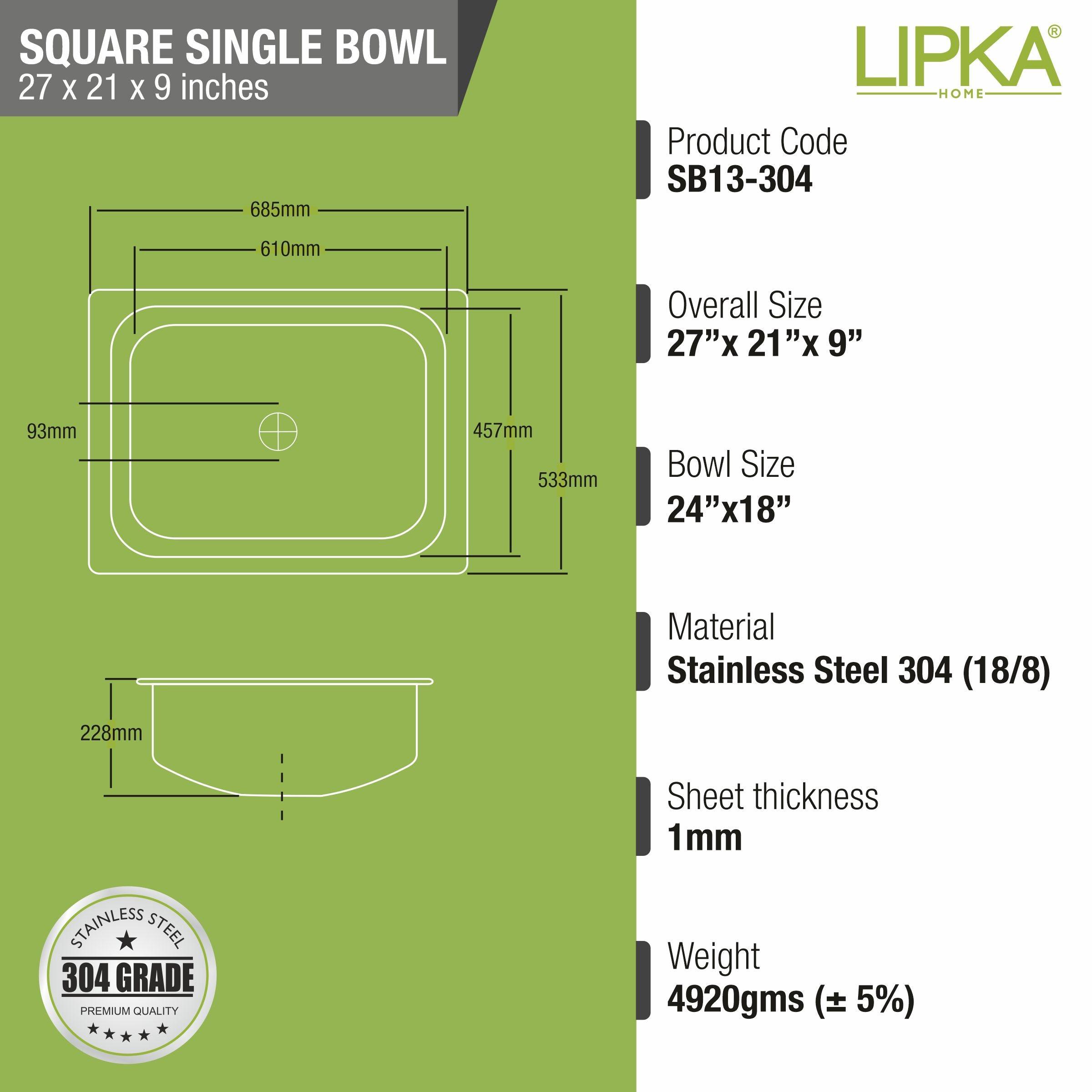 Square Single Bowl 304-Grade Kitchen Sink (27 x 21 x 9 Inches) - LIPKA - Lipka Home