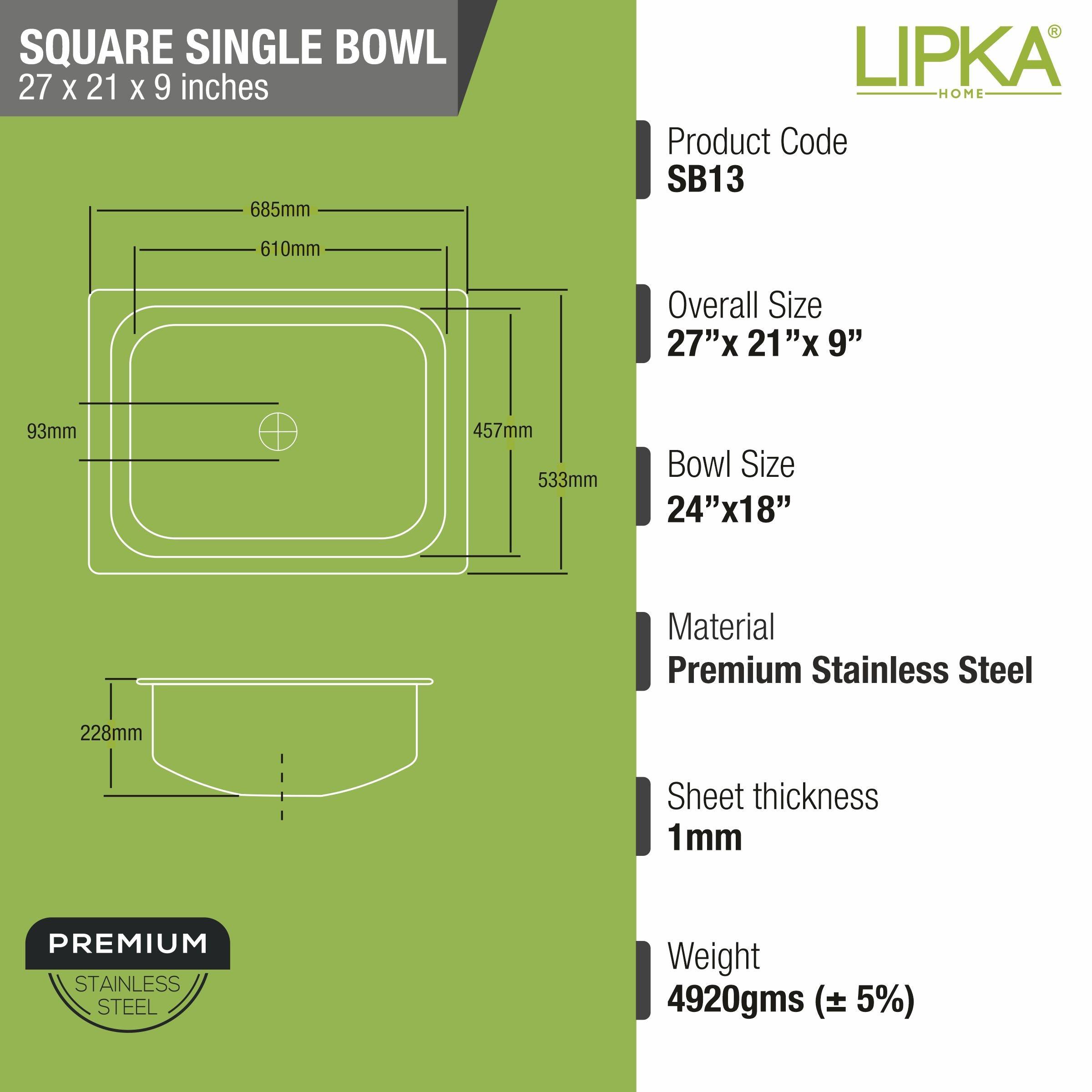 Square Single Bowl Kitchen Sink (27 x 21 x 9 Inches) - LIPKA - Lipka Home