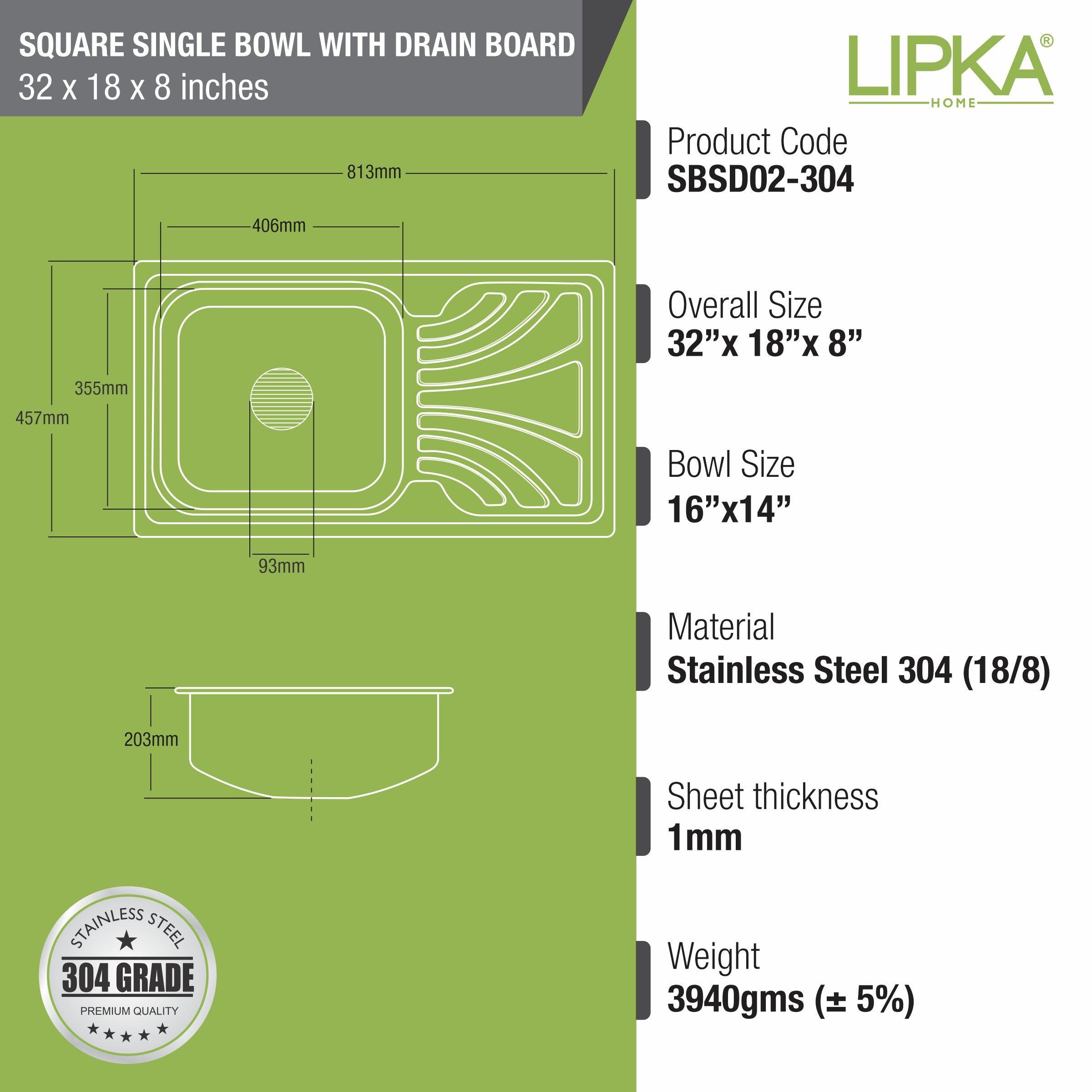Square Single Bowl 304-Grade Kitchen Sink with Drainboard (32 x 18 x 8 Inches) - LIPKA - Lipka Home
