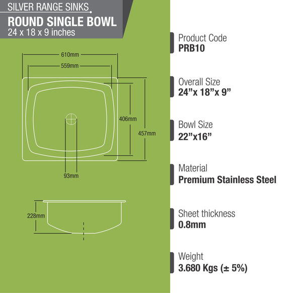 Silver Range Round Single Bowl Kitchen Sink (24 x 18 x 9 Inches) - LIPKA - Lipka Home