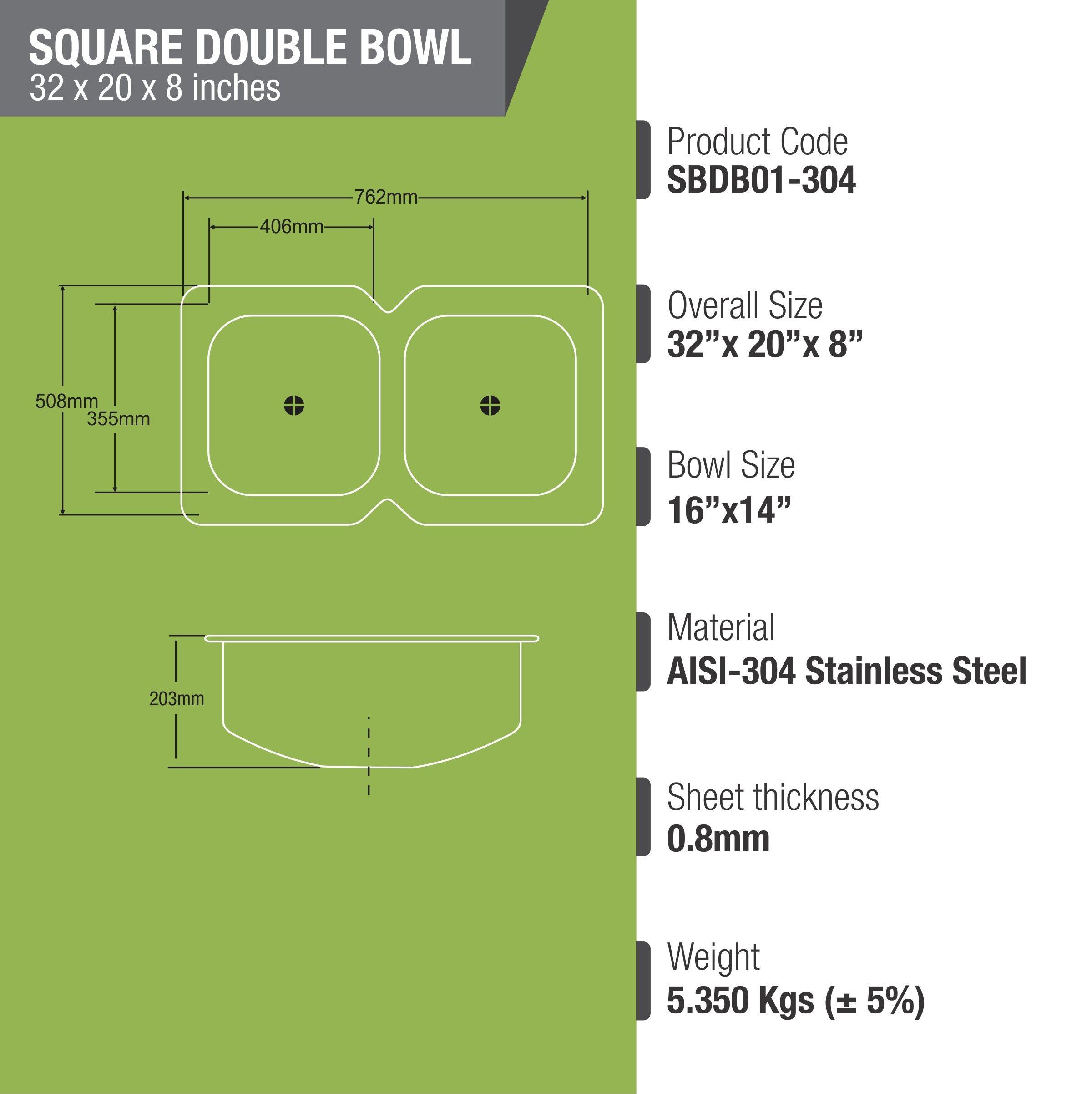 Square Double Bowl 304-Grade Kitchen Sink (32 x 20 x 8 Inches) - LIPKA - Lipka Home