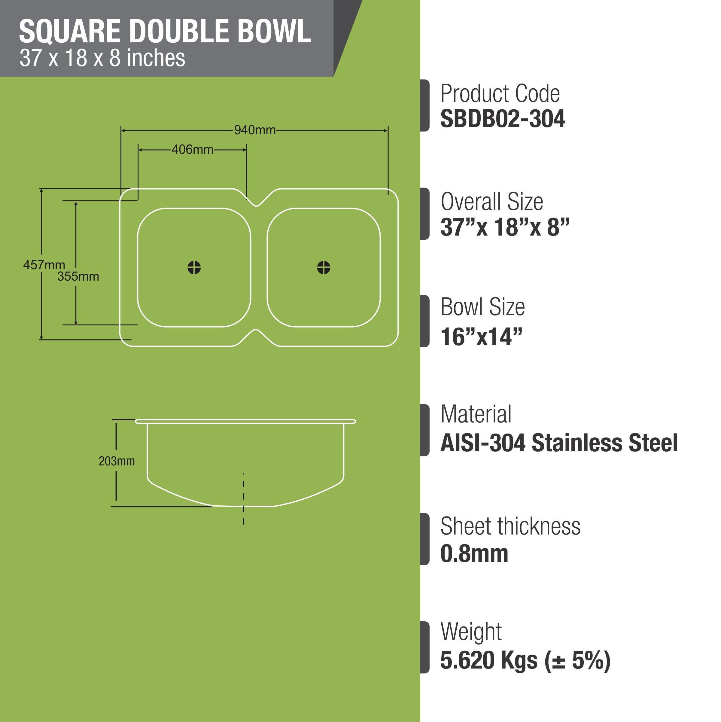 Square Double Bowl 304-Grade Kitchen Sink (37 x 18 x 8 Inches) - LIPKA