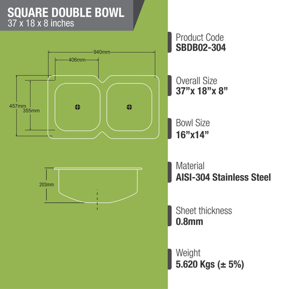Square Double Bowl 304-Grade Kitchen Sink (37 x 18 x 8 Inches) - LIPKA - Lipka Home