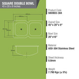 Square Double Bowl 304-Grade Kitchen Sink (45 x 20 x 9 Inches) - LIPKA