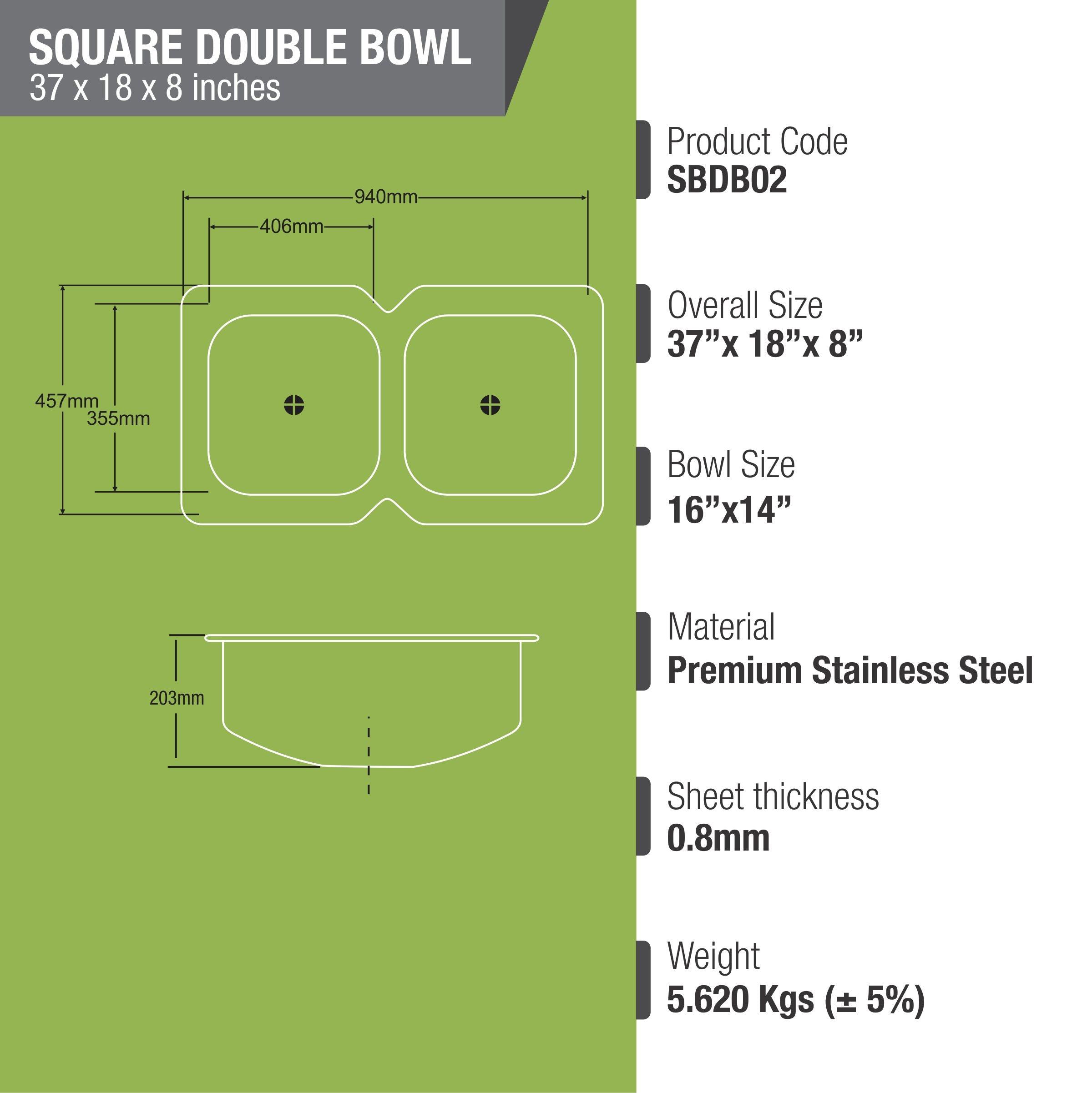 Square Double Bowl Kitchen Sink (37 x 18 x 8 Inches) - LIPKA - Lipka Home