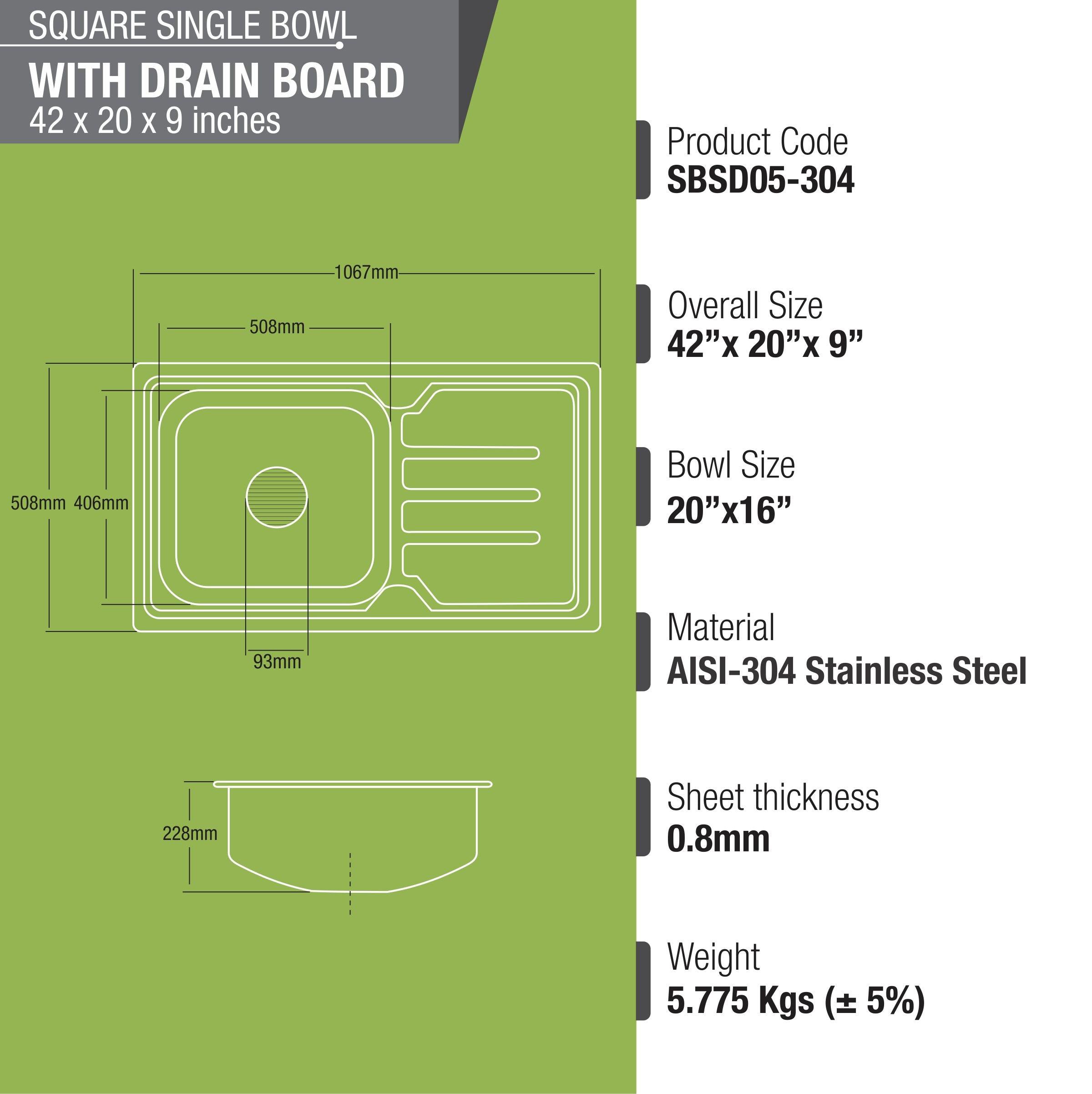 Square Single Bowl 304-Grade Kitchen Sink with Drainboard (42 x 20 x 9 Inches) - LIPKA - Lipka Home