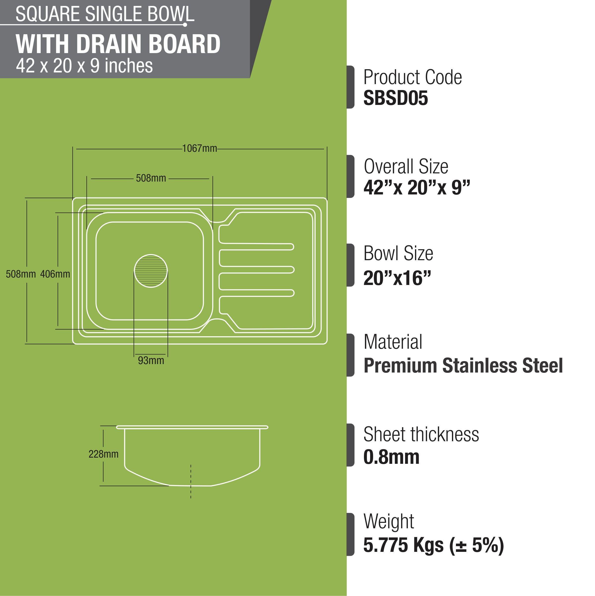 Square Single Bowl Kitchen Sink with Drainboard (42 x 20 x 9 Inches) - LIPKA - Lipka Home