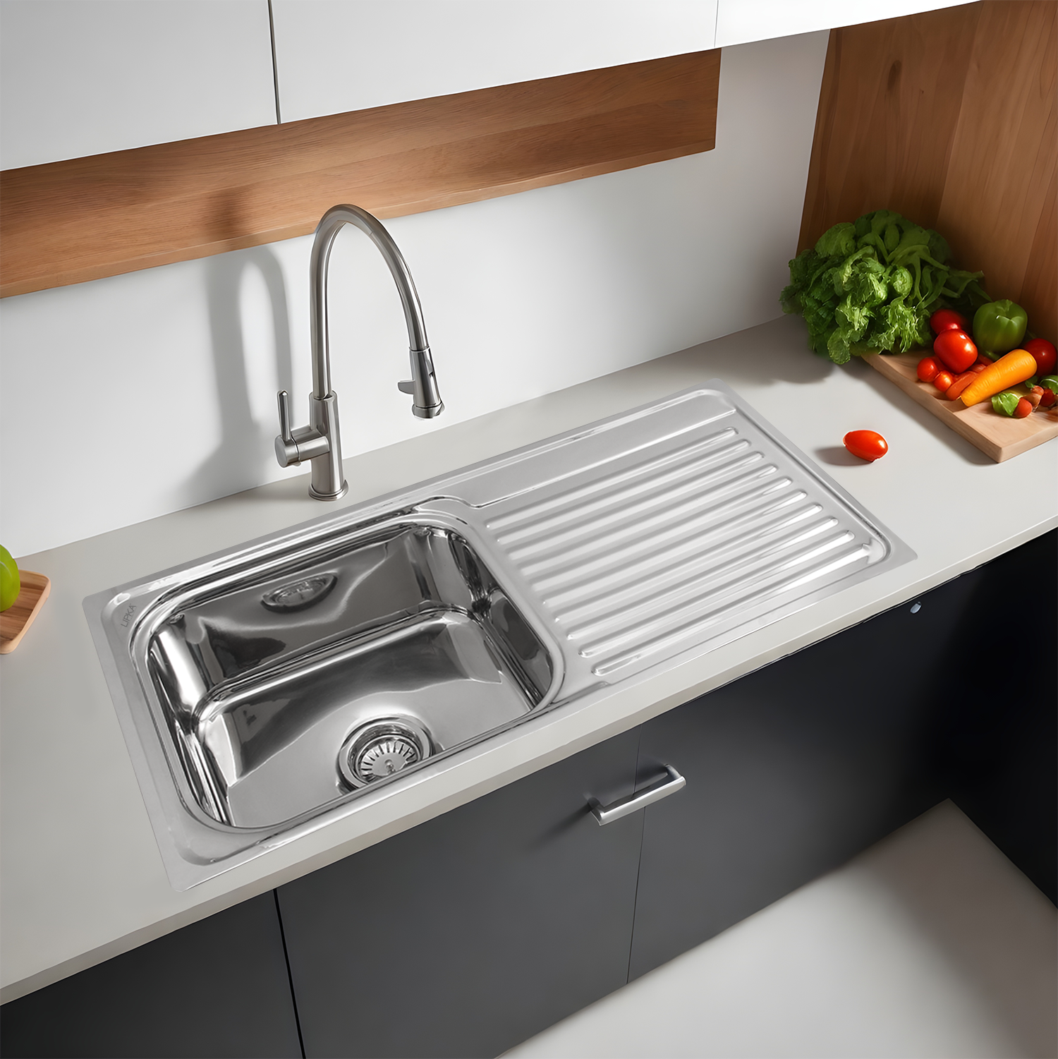 Square Single Bowl 304-Grade Kitchen Sink with Drainboard (37 x 18 x 8 Inches) - LIPKA