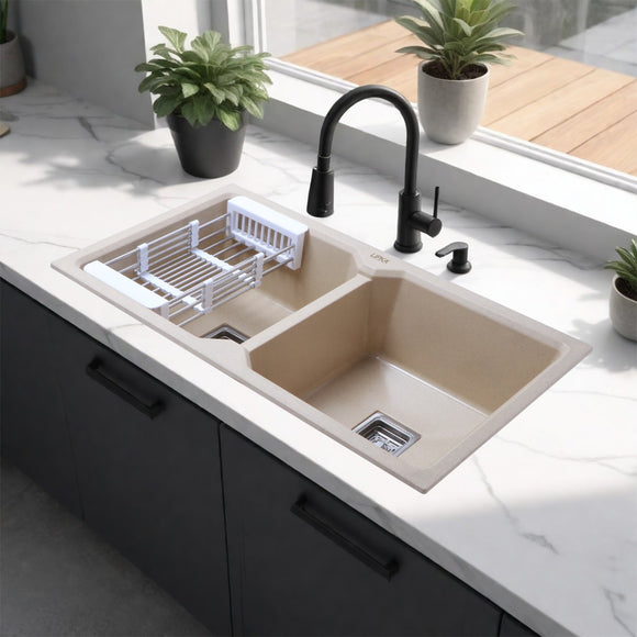 Sand Choco Quartz Double Bowl Kitchen Sink (45 x 20 x 9 Inches) - LIPKA - Lipka Home
