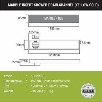 Tile Insert Shower Drain Channel - Yellow Gold (48 x 4 Inches) - LIPKA - Lipka Home