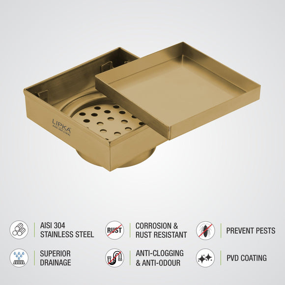 Tile Insert Square Floor Drain - Yellow Gold (5 x 5 Inches) - LIPKA - Lipka Home