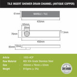 Tile Insert Shower Drain Channel - Antique Copper (18 x 3 Inches) sizes and dimensions