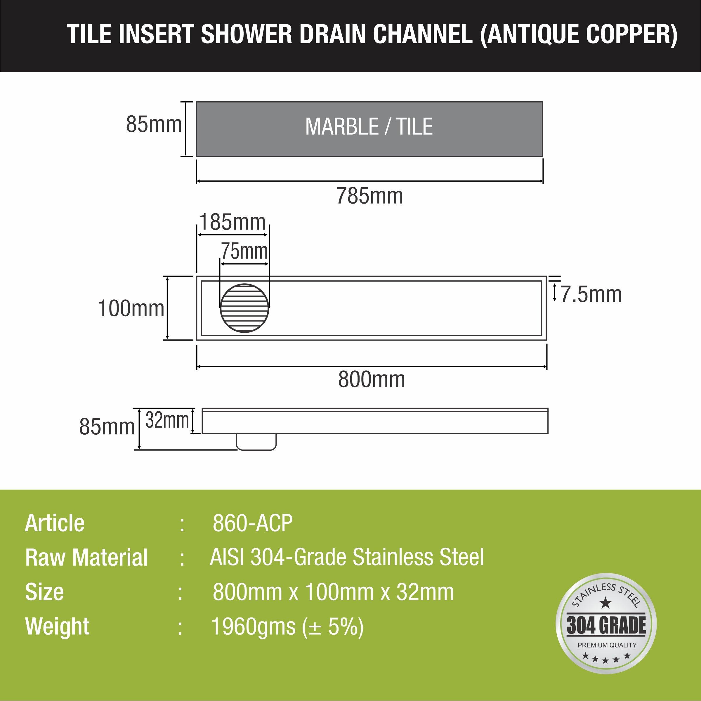 Tile Insert Shower Drain Channel - Antique Copper (32 x 4 Inches) sizes and dimensions