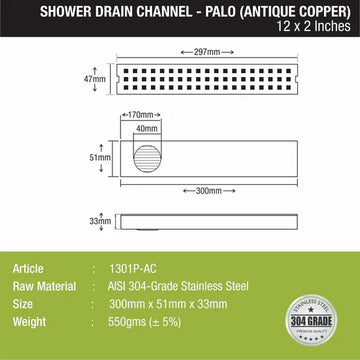 Palo Shower Drain Channel - Antique Copper (12 x 2 Inches) - LIPKA - Lipka Home
