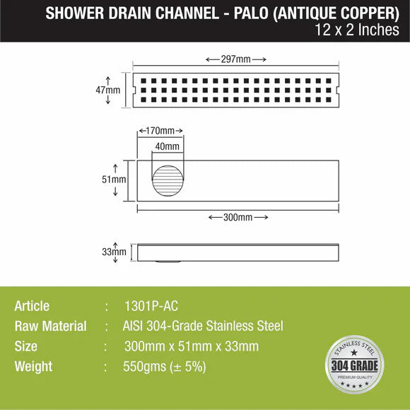 Palo Shower Drain Channel - Antique Copper (12 x 2 Inches) - LIPKA - 0