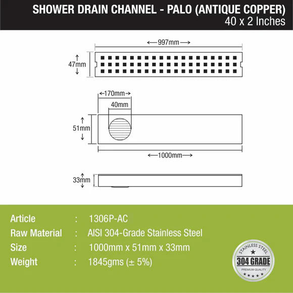 Palo Shower Drain Channel - Antique Copper (40 x 2 Inches) - LIPKA