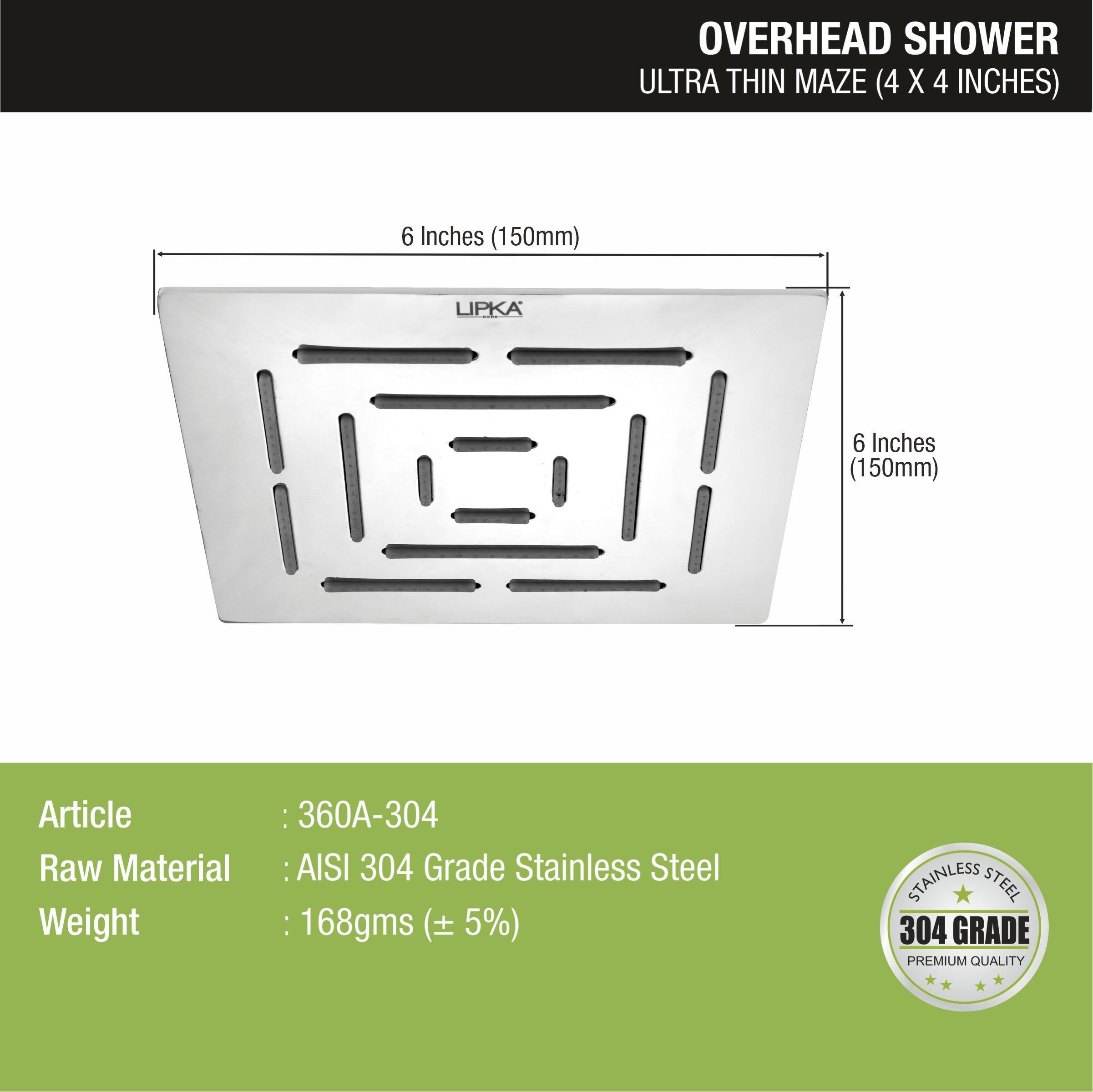 Ultra Thin Maze 304-Grade Overhead Rain Shower (4 x 4 Inches) - LIPKA