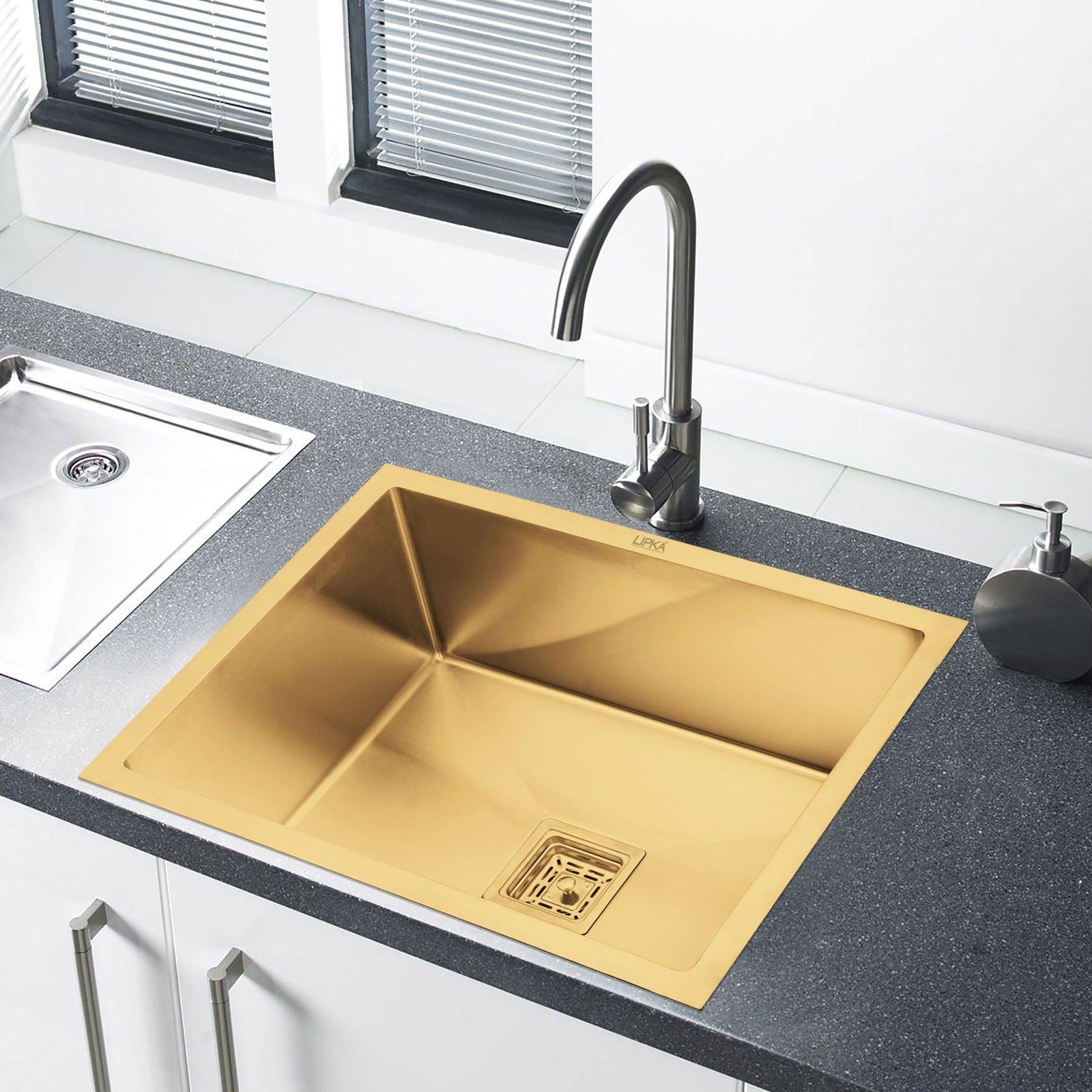 Handmade Yellow Gold PVD Coated Single Bowl Kitchen Sink (24 x 18 x 10 Inches) - LIPKA