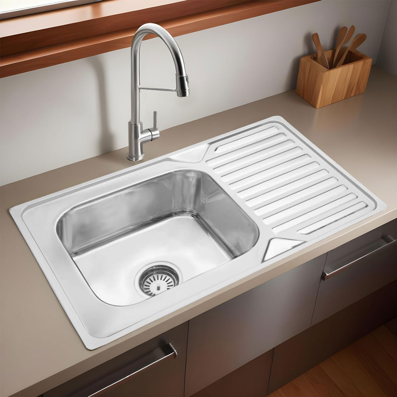 Square Single Bowl 304-Grade Kitchen Sink with Drainboard (32 x 20 x 8 Inches) - LIPKA