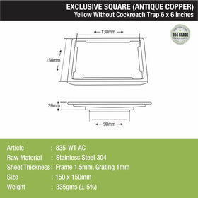 Yellow Exclusive Square Floor Drain in Antique Copper PVD Coating (6 x 6 Inches) - LIPKA - Lipka Home