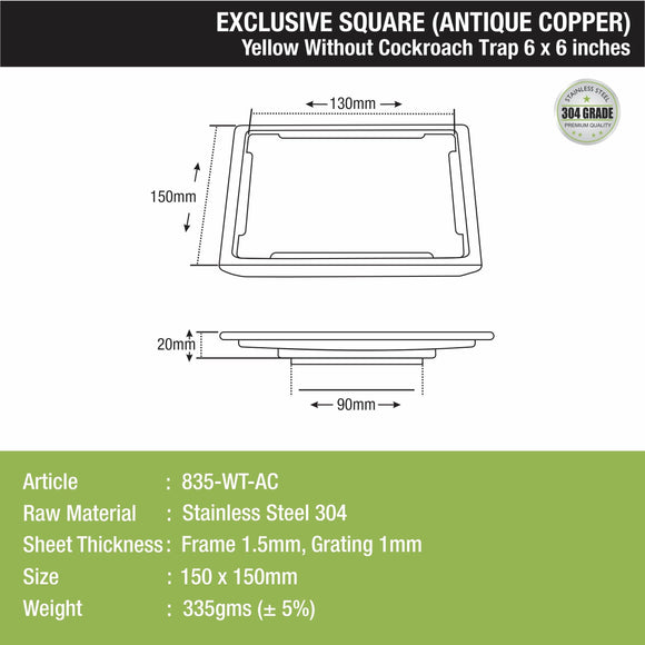 Yellow Exclusive Square Floor Drain in Antique Copper PVD Coating (6 x 6 Inches) - LIPKA - Lipka Home