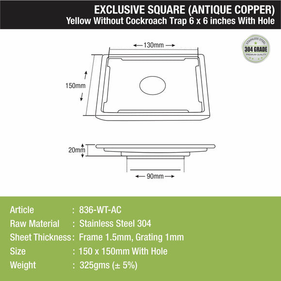 Yellow Exclusive Square Floor Drain in Antique Copper PVD Coating (6 x 6 Inches) with Hole - LIPKA - Lipka Home