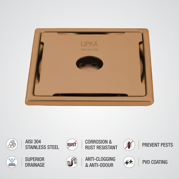Yellow Exclusive Square Floor Drain in Antique Copper PVD Coating (6 x 6 Inches) with Hole - LIPKA - Lipka Home