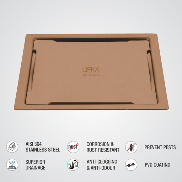 Yellow Exclusive Square Flat Cut Floor Drain in Antique Copper PVD Coating (6 x 6 Inches) - LIPKA - Lipka Home