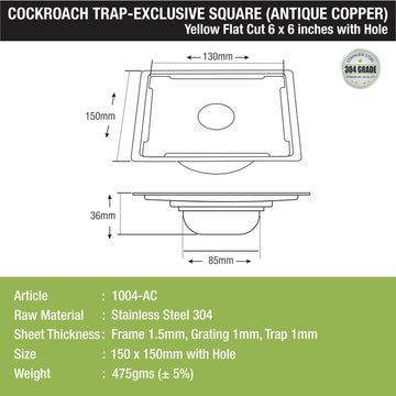 Yellow Exclusive Square Flat Cut Floor Drain in Antique Copper PVD Coating (6 x 6 Inches) with Hole & Cockroach Trap - LIPKA - Lipka Home