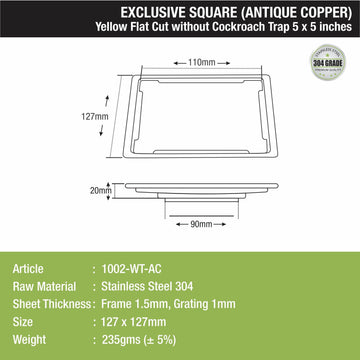 Yellow Exclusive Square Flat Cut Floor Drain in Antique Copper PVD Coating (5 x 5 Inches) - LIPKA - Lipka Home