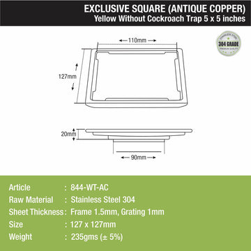 Yellow Exclusive Square Floor Drain in Antique Copper PVD Coating (5 x 5 Inches) - LIPKA - Lipka Home