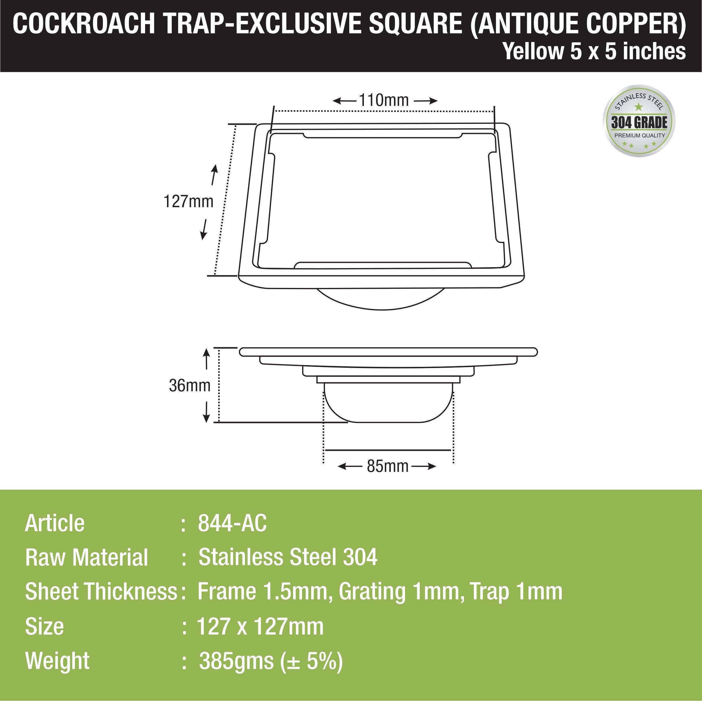 Yellow Exclusive Square Floor Drain in Antique Copper PVD Coating (5 x 5 Inches) with Cockroach Trap - LIPKA - Lipka Home