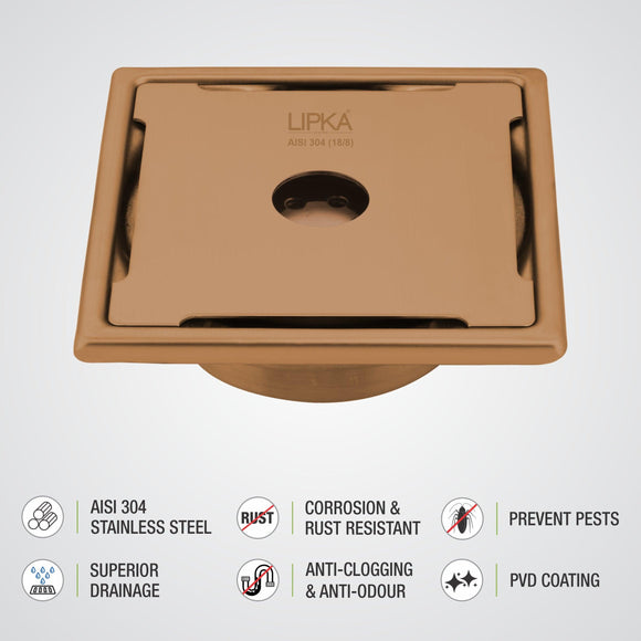 Yellow Exclusive Square Floor Drain in Antique Copper PVD Coating (6 x 6 Inches) with Hole & Cockroach Trap - LIPKA - Lipka Home