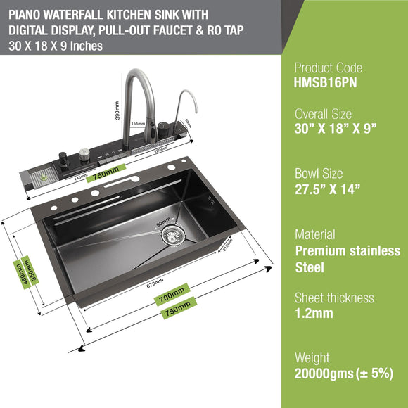 Piano Waterfall Kitchen Sink (30 x 18 x 9 inches) with Pull-out Mixer Faucet & RO Tap - LIPKA - Lipka Home