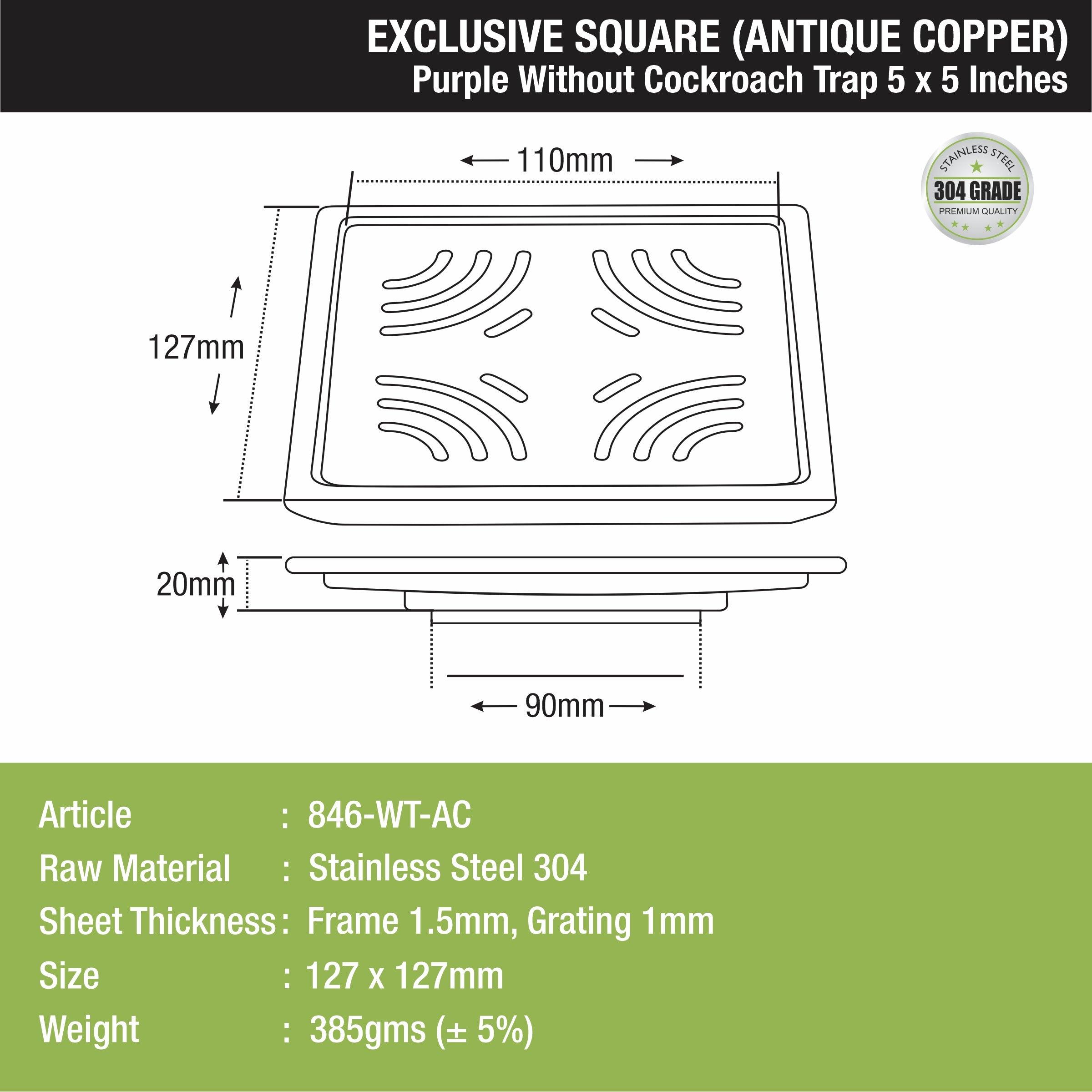 Purple Exclusive Square Floor Drain in Antique Copper PVD Coating (5 x 5 Inches) - LIPKA