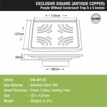 Purple Exclusive Square Floor Drain in Antique Copper PVD Coating (5 x 5 Inches) - LIPKA - Lipka Home