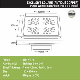 Purple Exclusive Square Floor Drain in Antique Copper PVD Coating (6 x 6 Inches) - LIPKA - Lipka Home