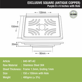 Purple Exclusive Square Floor Drain in Antique Copper PVD Coating (6 x 6 Inches) with Hole - LIPKA - Lipka Home