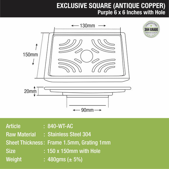 Purple Exclusive Square Floor Drain in Antique Copper PVD Coating (6 x 6 Inches) with Hole - LIPKA - Lipka Home